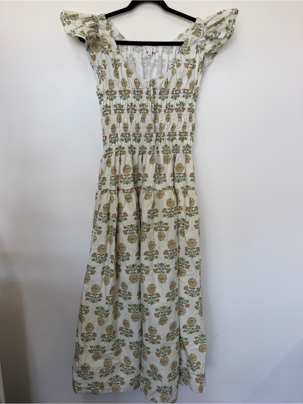 MNK Smocked Floral Maxi Dress in Cream white and Green M